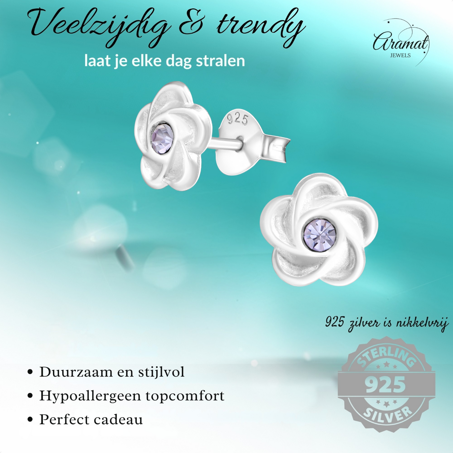 Boucles d'oreilles puces en argent en forme de fleur avec cristal lilas 7 mm