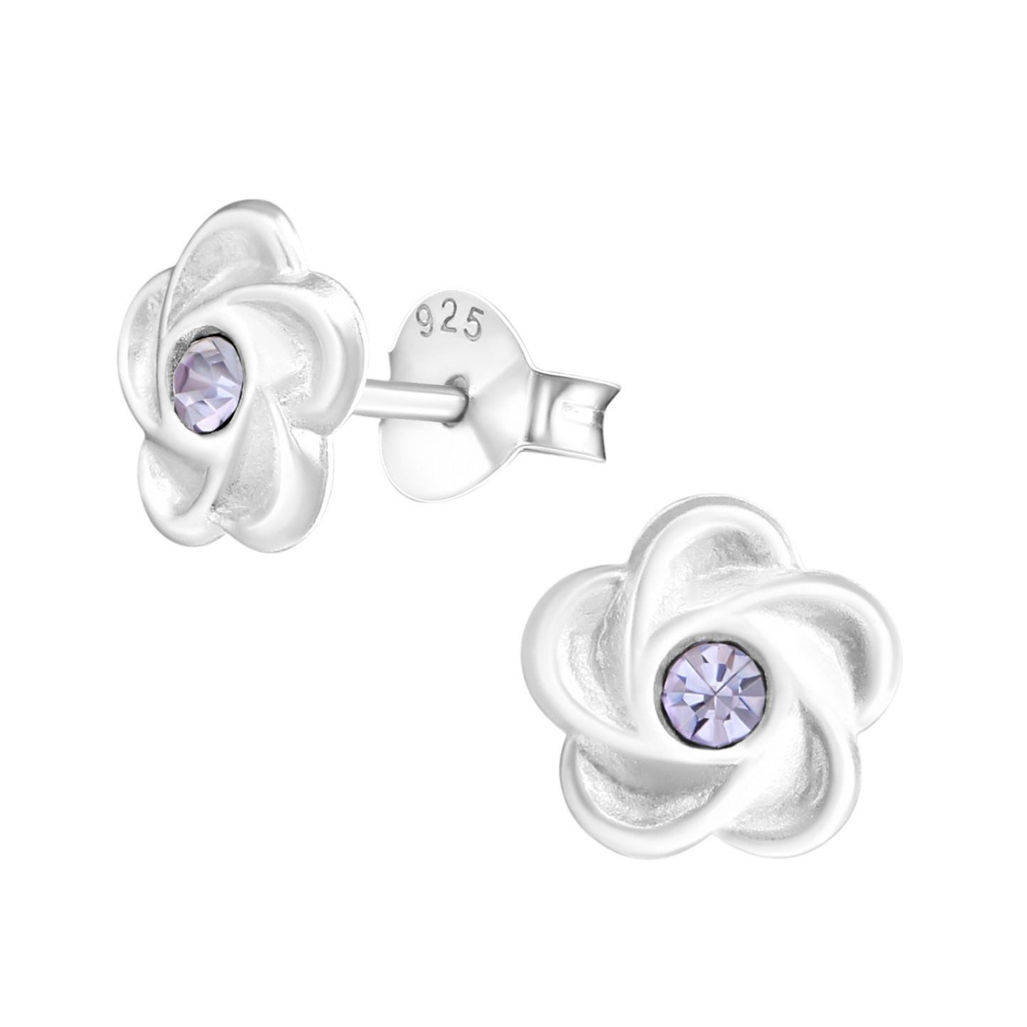 Boucles d'oreilles puces en argent en forme de fleur avec cristal lilas 7 mm