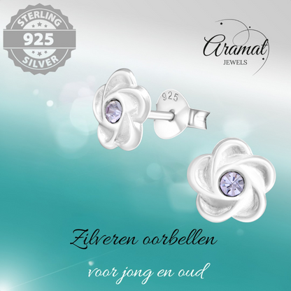 Boucles d'oreilles puces en argent en forme de fleur avec cristal lilas 7 mm