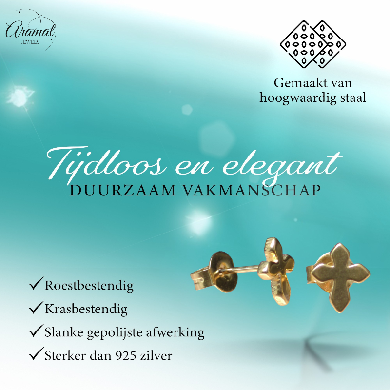 Stalen Oorbellen kruisje – Goudkleur – 8x7mm