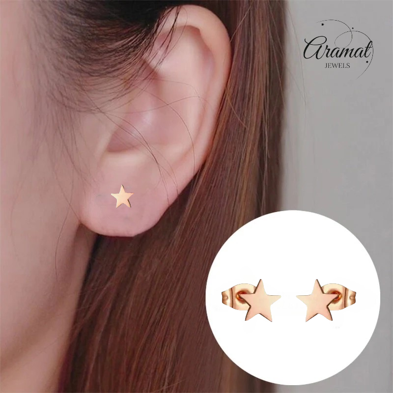 Boucles d'oreilles puces en forme d'étoile, acier doré rose – 7 mm, intemporelles