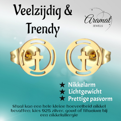 Boucles d'oreilles croix rondes en acier couleur or – 10 mm