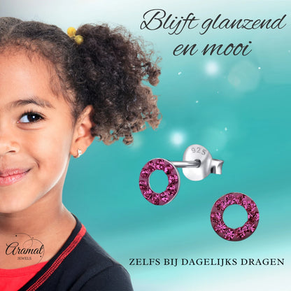 Zilveren open cirkel oorbellen felroze kristal