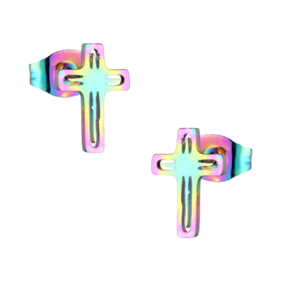 Boucles d'oreilles croix en acier – Multicolores – 10 x 7 mm
