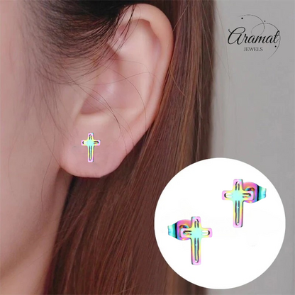 Boucles d'oreilles croix en acier – Multicolores – 10 x 7 mm