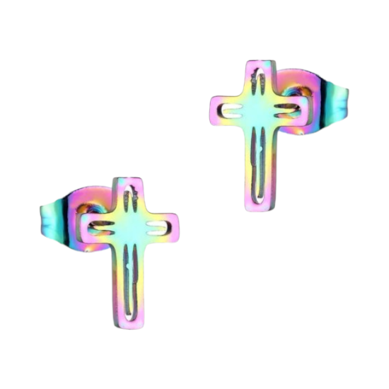 Boucles d'oreilles croix en acier – Multicolores – 10 x 7 mm