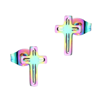 Boucles d'oreilles croix en acier – Multicolores – 10 x 7 mm