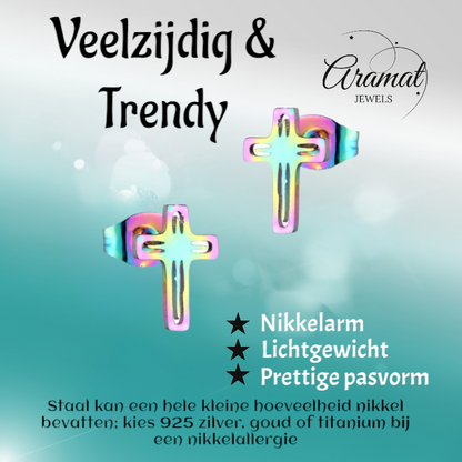 Boucles d'oreilles croix en acier – Multicolores – 10 x 7 mm