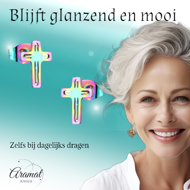 Boucles d'oreilles croix en acier – Multicolores – 10 x 7 mm