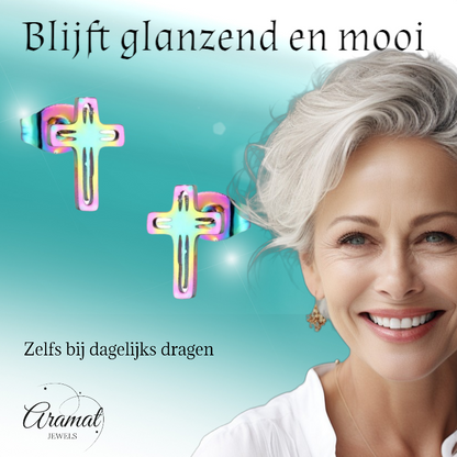 Boucles d'oreilles croix en acier – Multicolores – 10 x 7 mm