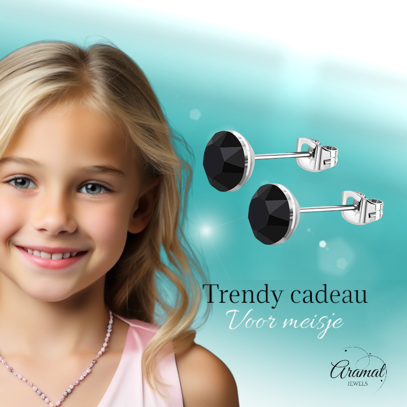 Boucles d'oreilles en acier et cristal avec pierres noires - Couleur argent - 4 mm