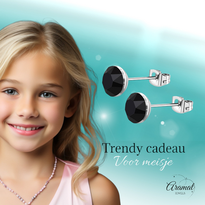 Boucles d'oreilles en acier et cristal avec pierres noires - Couleur argent - 4 mm