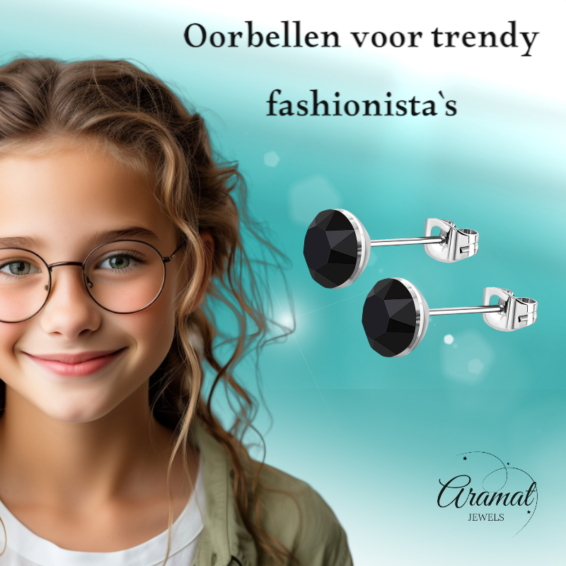 Boucles d'oreilles en acier et cristal avec pierres noires - Couleur argent - 4 mm