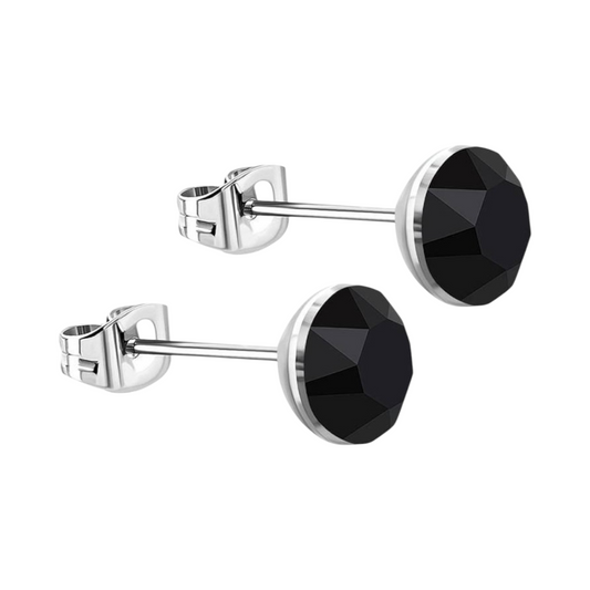 Boucles d'oreilles en acier et cristal avec pierres noires - Couleur argent - 4 mm