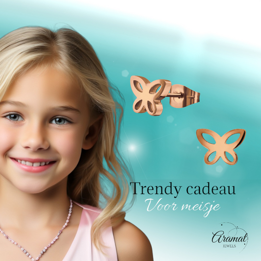 Vlinder oorstekers rosegoud – 7x9mm open design