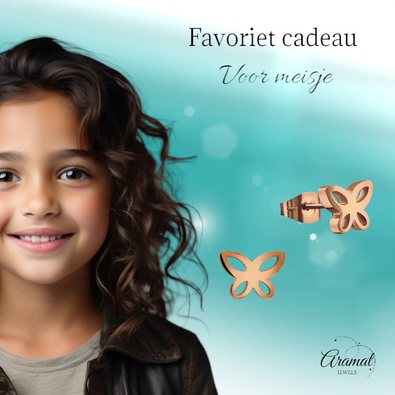 Boucles d'oreilles papillon en or rose – modèle ajouré 7 x 9 mm