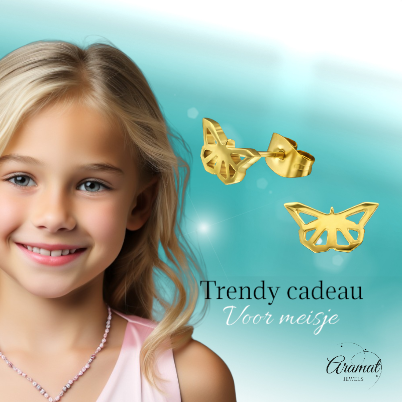 Boucles d'oreilles papillon en acier inoxydable couleur or – 5 x 10 mm