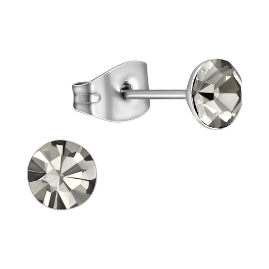 Boucles d'oreilles en acier et cristal avec pierre en forme de diamant noir – Couleur argent – ​​5 mm