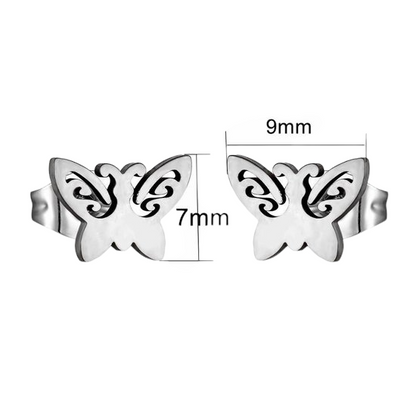 Boucles d'oreilles papillon en acier – ailes ouvertes 7 x 9 mm