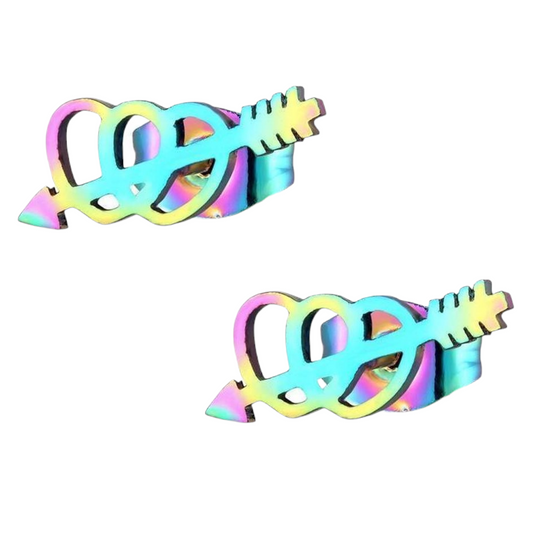 Boucles d'oreilles puces double cœur arc-en-ciel – 10 x 5 mm en acier inoxydable