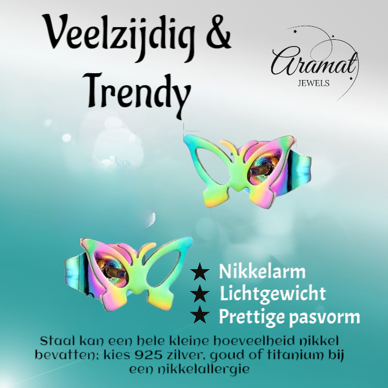 Boucles d'oreilles papillon en acier multicolore – 6 x 10 mm ouvertes