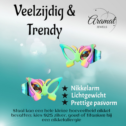 Boucles d'oreilles papillon en acier multicolore – 6 x 10 mm ouvertes