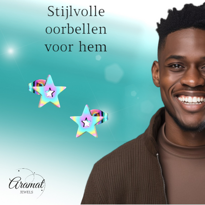 Boucles d'oreilles puces en forme d'étoile, acier multicolore – 9 mm, modèle unique
