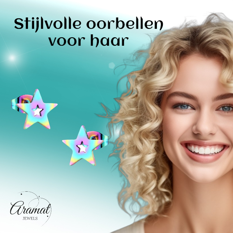 Boucles d'oreilles puces en forme d'étoile, acier multicolore – 9 mm, modèle unique