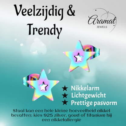 Boucles d'oreilles puces en forme d'étoile, acier multicolore – 9 mm, modèle unique