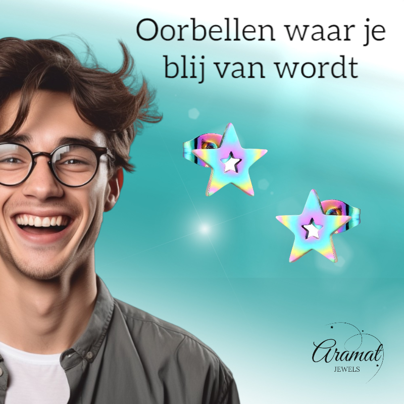 Boucles d'oreilles puces en forme d'étoile, acier multicolore – 9 mm, modèle unique