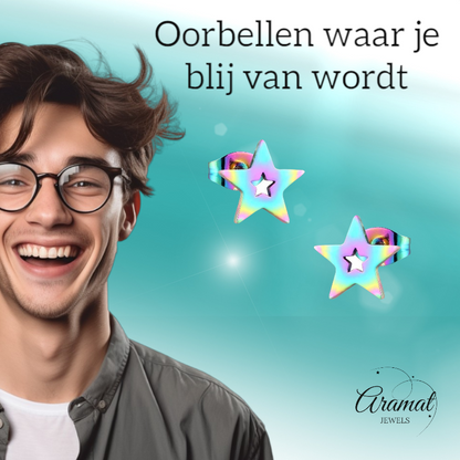 Boucles d'oreilles puces en forme d'étoile, acier multicolore – 9 mm, modèle unique