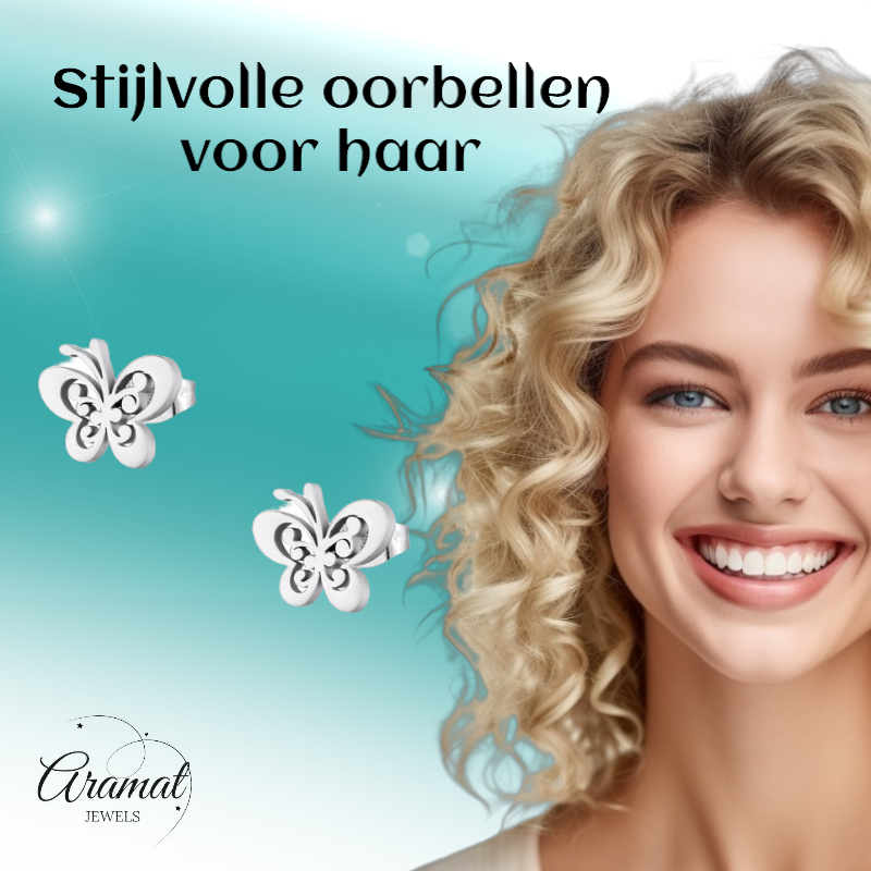 Boucles d'oreilles papillon en acier, couleur argentée, 11 x 9 mm