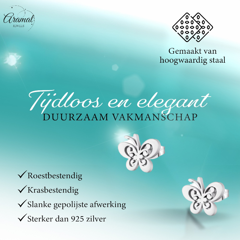 Boucles d'oreilles papillon en acier, couleur argentée, 11 x 9 mm