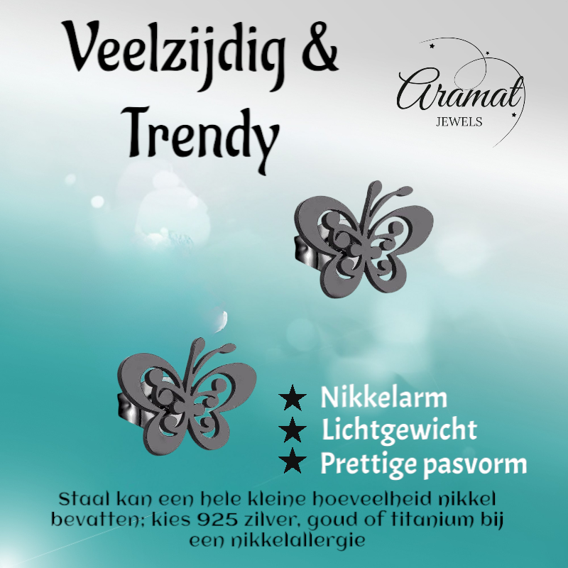 Boucles d'oreilles papillon noires en acier – ailes ouvertes 8 x 10 mm