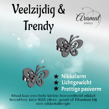 Boucles d'oreilles papillon noires en acier – ailes ouvertes 8 x 10 mm