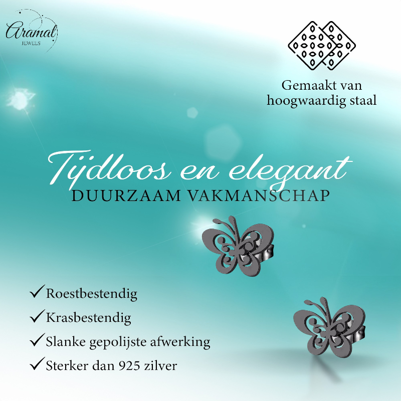 Boucles d'oreilles papillon noires en acier – ailes ouvertes 8 x 10 mm