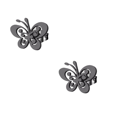 Boucles d'oreilles papillon noires en acier – ailes ouvertes 8 x 10 mm