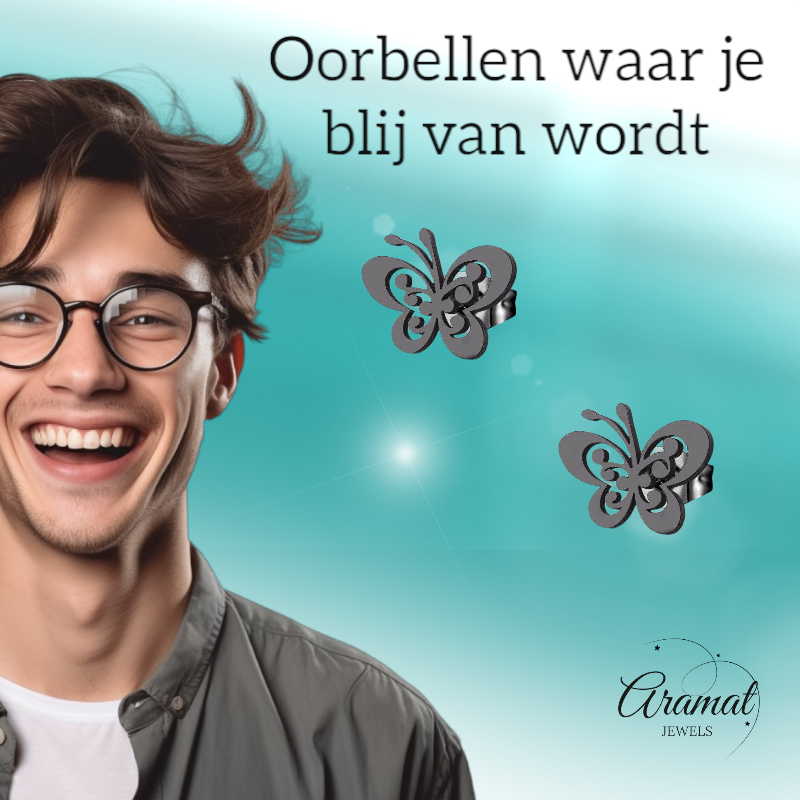 Boucles d'oreilles papillon noires en acier – ailes ouvertes 8 x 10 mm