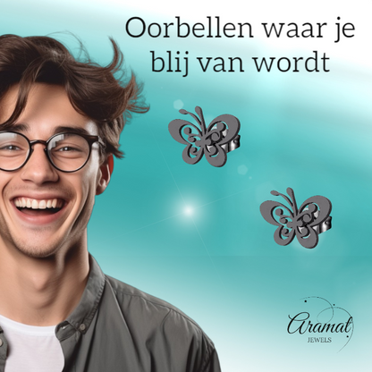 Boucles d'oreilles papillon noires en acier – ailes ouvertes 8 x 10 mm