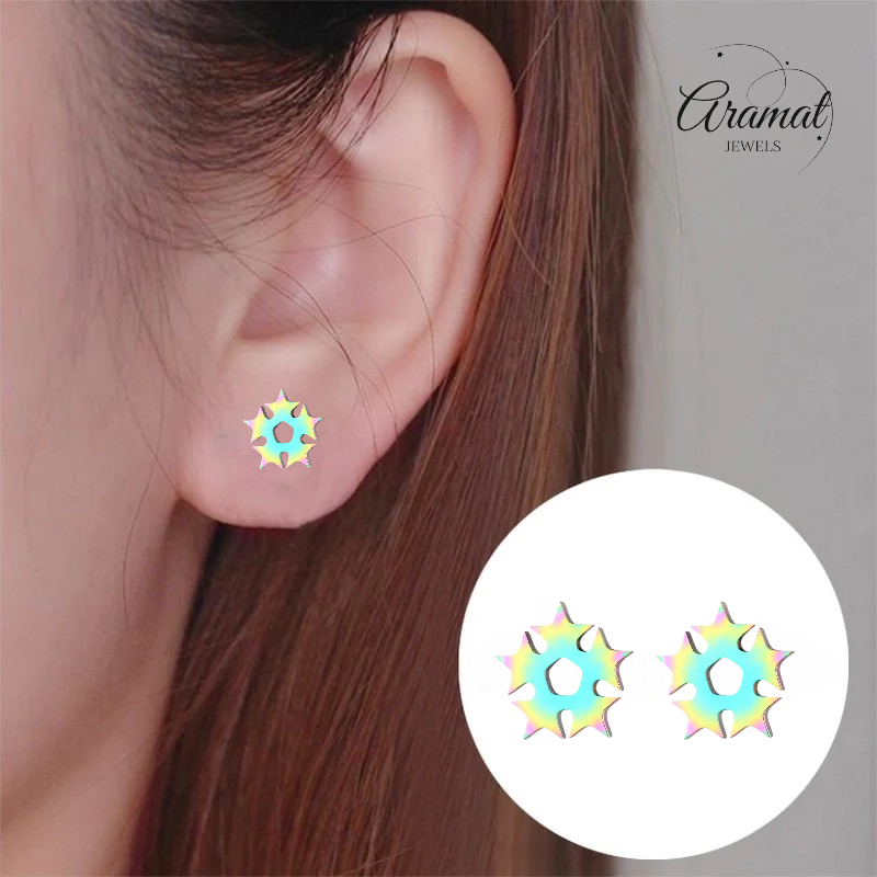 Boucles d'oreilles puces cercle d'étoiles multicolores – 9 mm