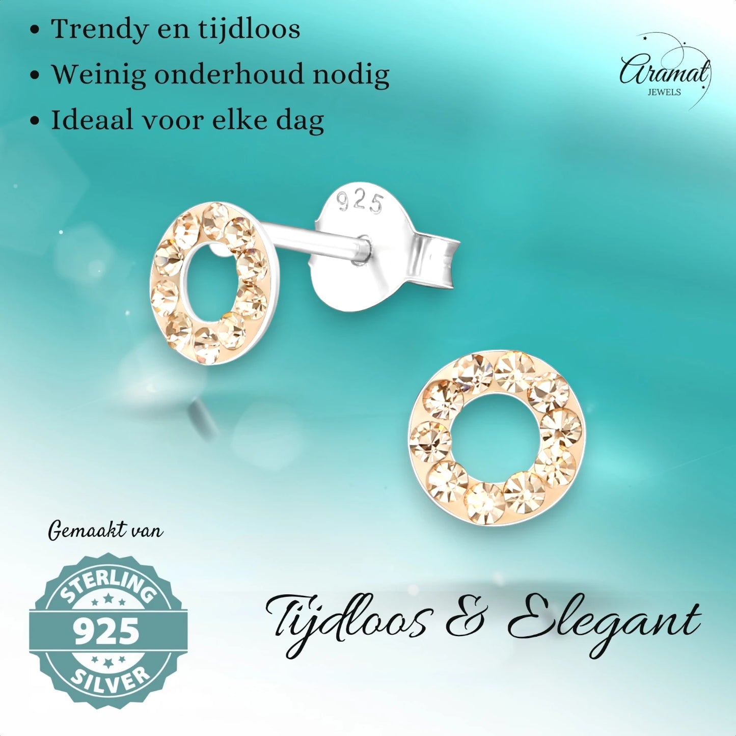 Zilveren open cirkel oorbellen champagne kristal