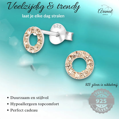 Zilveren open cirkel oorbellen champagne kristal