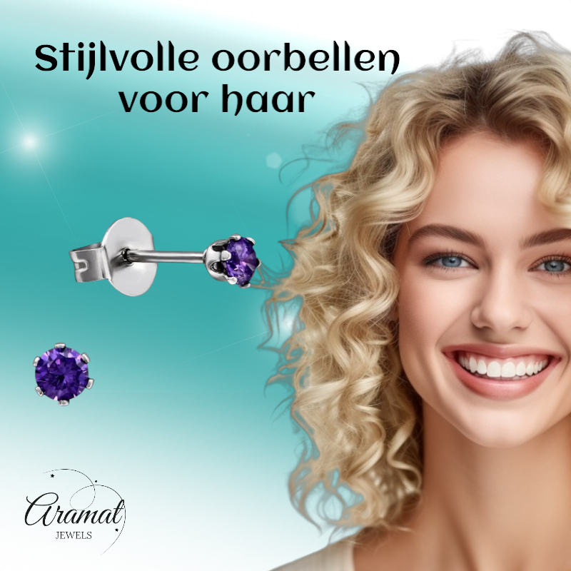 Boucles d'oreilles en zircon violet – Acier inoxydable 3 mm