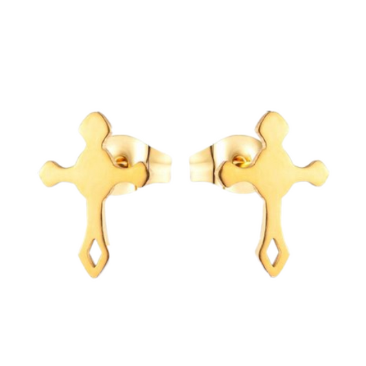 Stalen Hartjes Oorbellen met kruisje – Goudkleur – 11x7mm