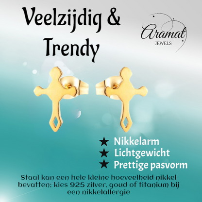 Stalen Hartjes Oorbellen met kruisje – Goudkleur – 11x7mm