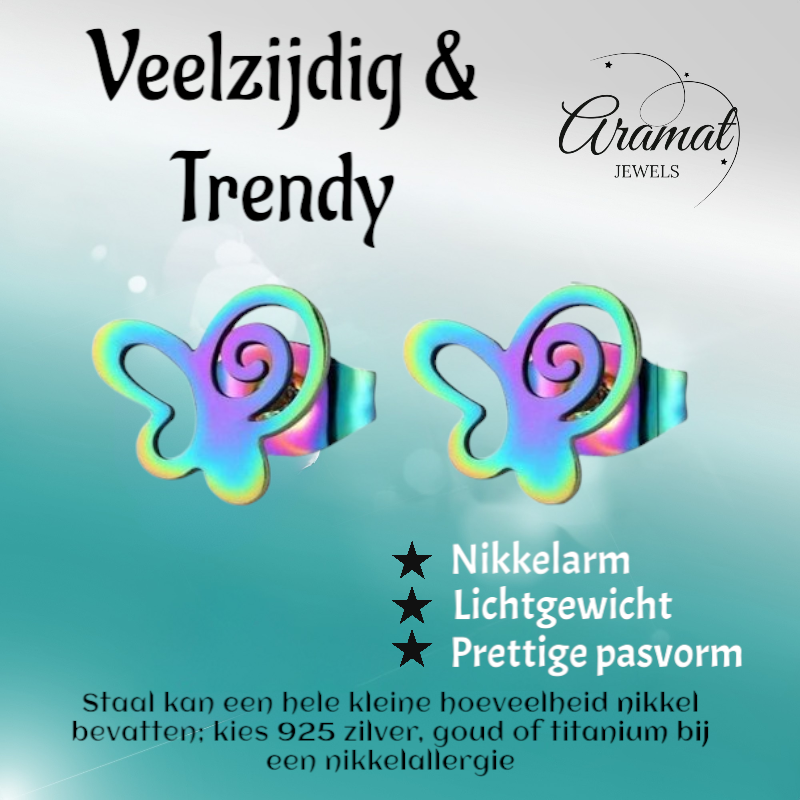 Boucles d'oreilles papillon à clous en acier multicolore – 9 mm ouvertes