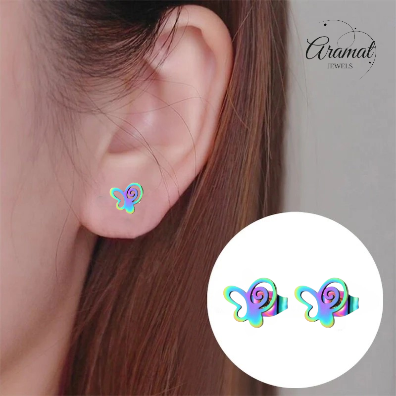 Boucles d'oreilles papillon à clous en acier multicolore – 9 mm ouvertes