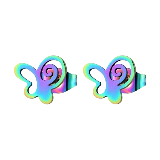 Boucles d'oreilles papillon à clous en acier multicolore – 9 mm ouvertes
