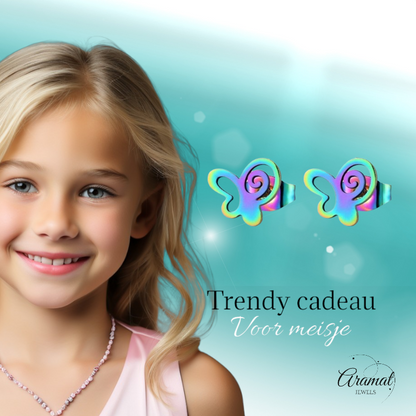 Boucles d'oreilles papillon à clous en acier multicolore – 9 mm ouvertes