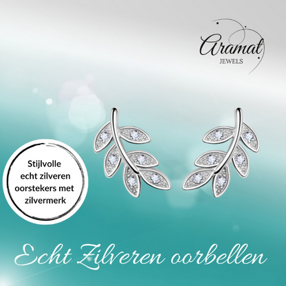 Boucles d'oreilles feuille d'argent avec zirconias – 9 x 6 mm